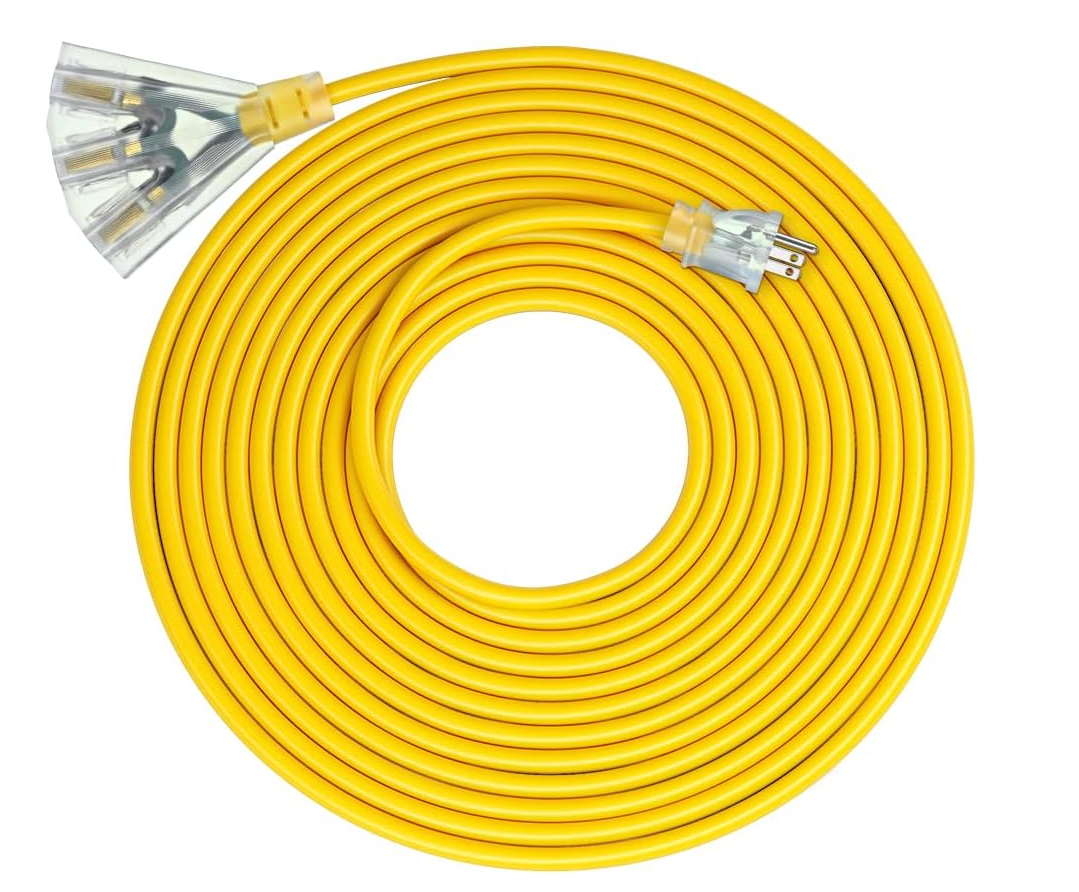 DEWENWILS 25 FT 14/3 Gauge Extension Cord Outdoor Tri-Tap Extension Cord Splitter, Heavy Duty Power Cable SJTW 15 Amp for Multiple Appliances, LED Lighted Plug